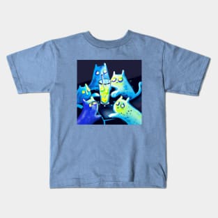 Several Blue Cats Inspect a Glass of Lemon Water Kids T-Shirt